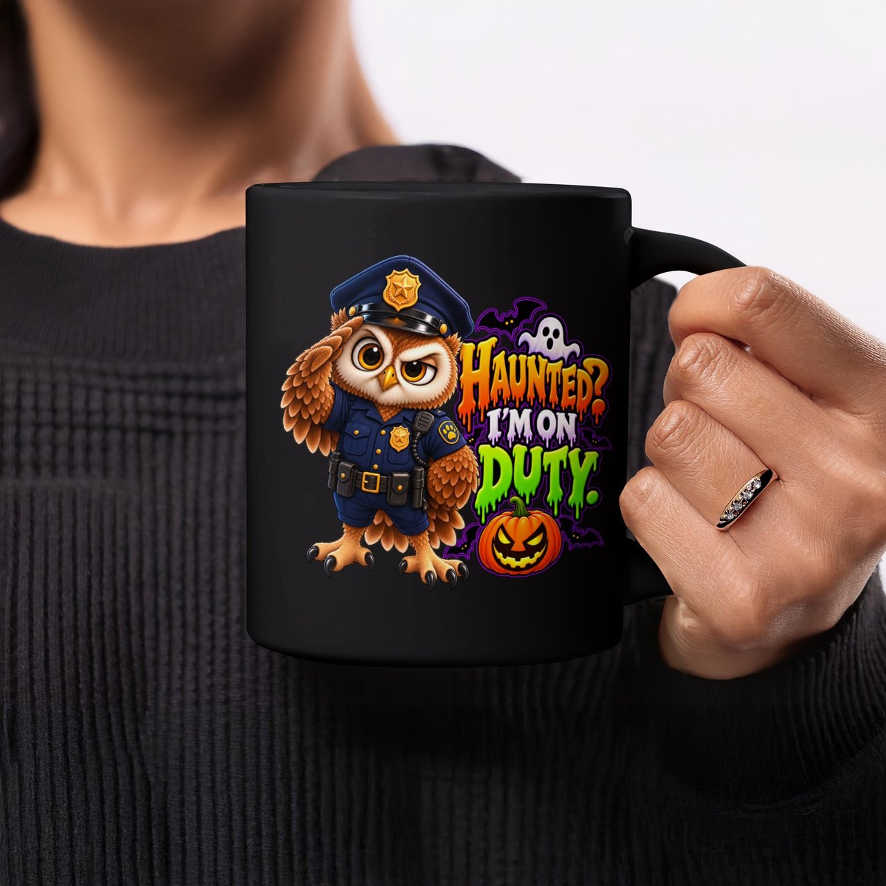 Haunted I'm On Duty Police Owl Mug