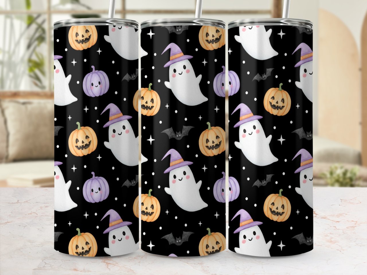 Cute Ghost Tumbler Wrap Digital PNG | Halloween Kawaii Seamless Design for 20oz Skinny Straight Tumbler | Spooky Season Craft File