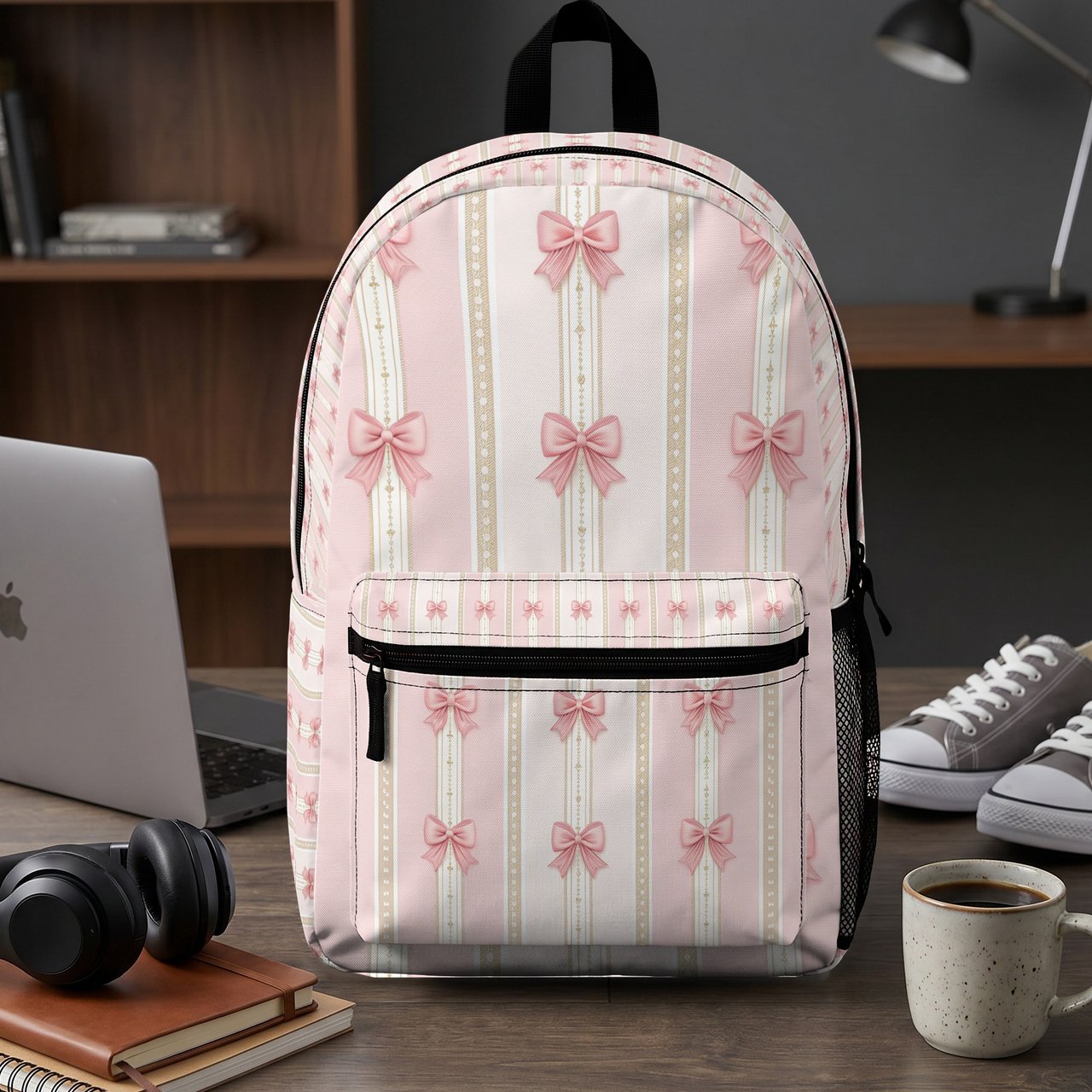 Pink Bow Coquette Backpack & Spiral Notebook Set, Princesscore Gold Detail Girly Aesthetic Student Bag Gift