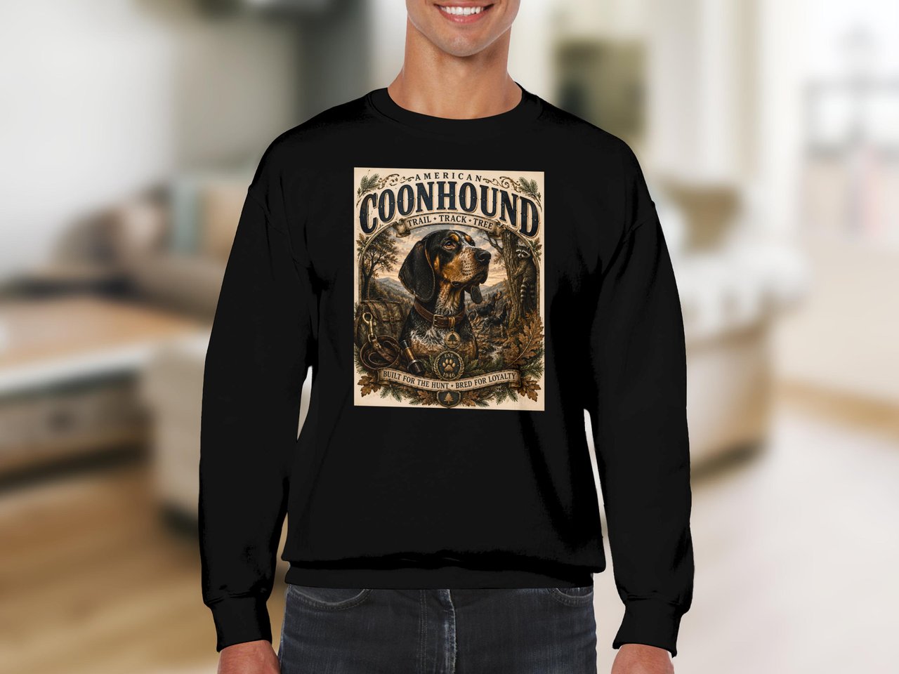American Coonhound Sweatshirt, Vintage Hound Dog Crewneck, Retro Hunting Dog Lover Gift, Outdoors Wildlife Graphic Pullover