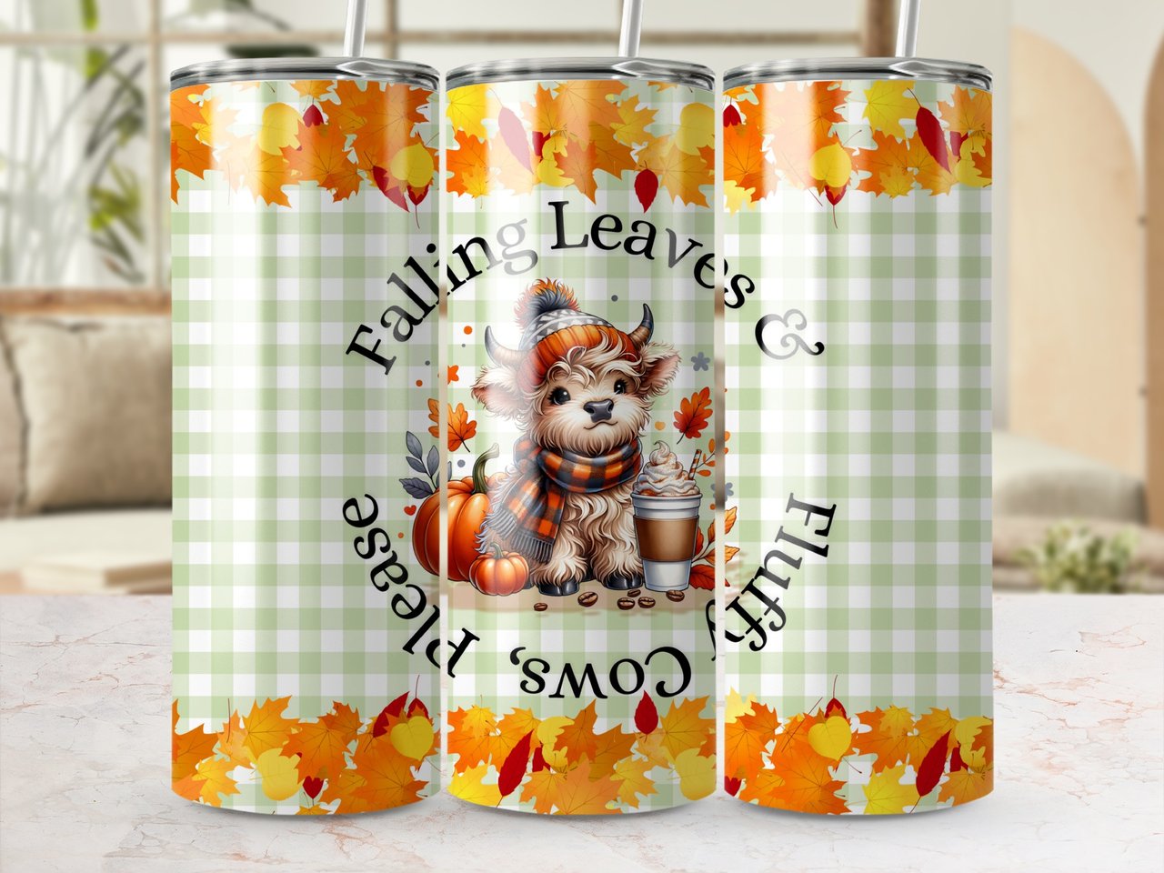 Falling Leaves Cow 20oz Seamless Tumbler Wrap, Autumn Highland Cow, Highland Cow Sublimation, Coffee Pumpkin, Cute Fall Seamless Design