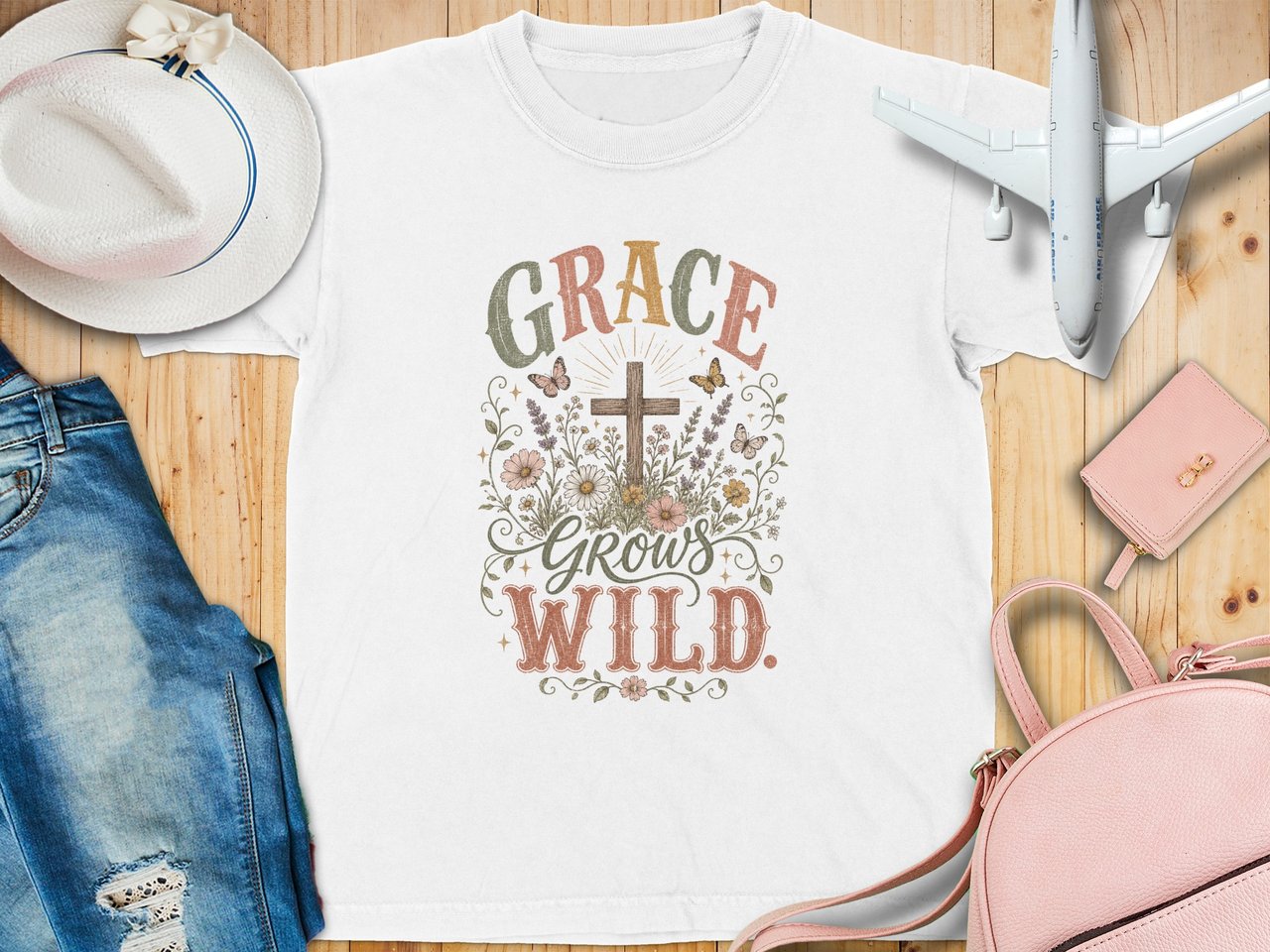 Grace Grows Wild Christian Youth T-Shirt, Boho Faith Tee, Vintage Floral Cross Design, Inspirational Religious Gift for Her, Nature Lover