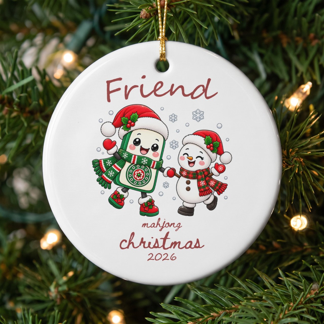 Mahjong Christmas Ornament 2026, Cute Mahjong Snowman Friend Ceramic Keepsake, Game Night Player Holiday Gift, Best Friend Tree Decoration