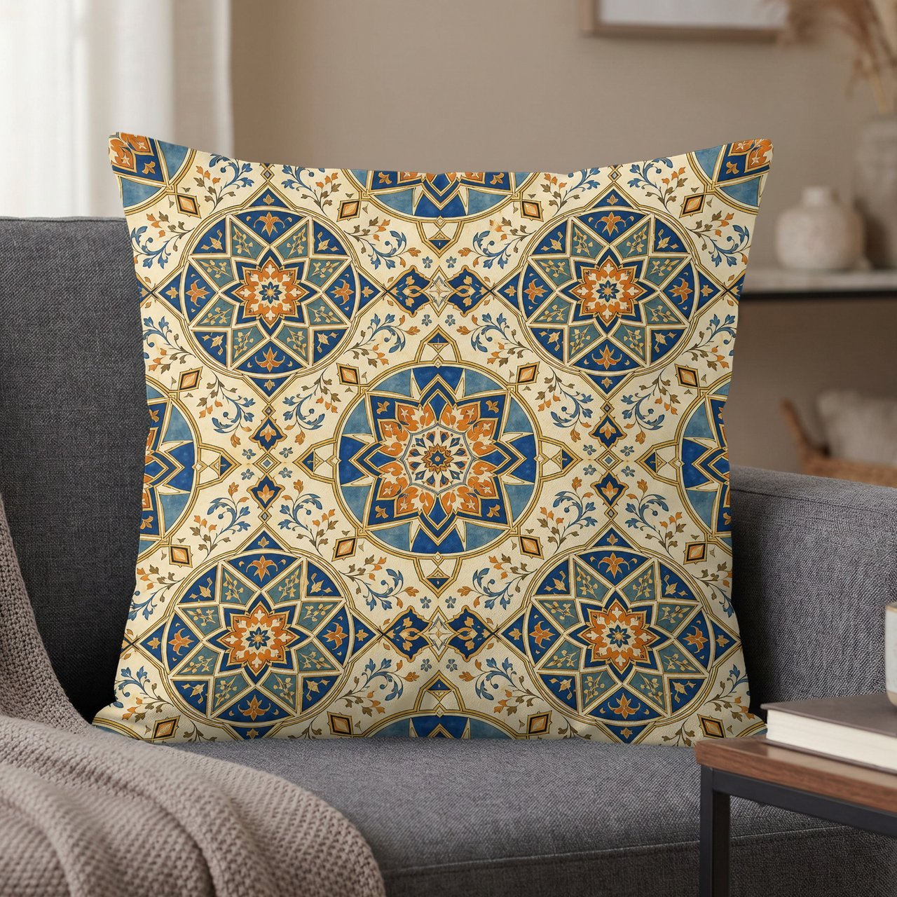 Blue Orange Moroccan Geometric Pillow Cover, Boho Throw Pillowcase, Mediterranean Medallion Cushion Cover, Eclectic Home Decor
