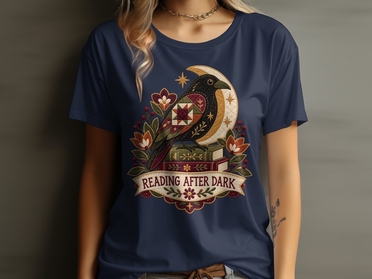 Reading After Dark Tee or Sweatshirt, Faux Patchwork Design