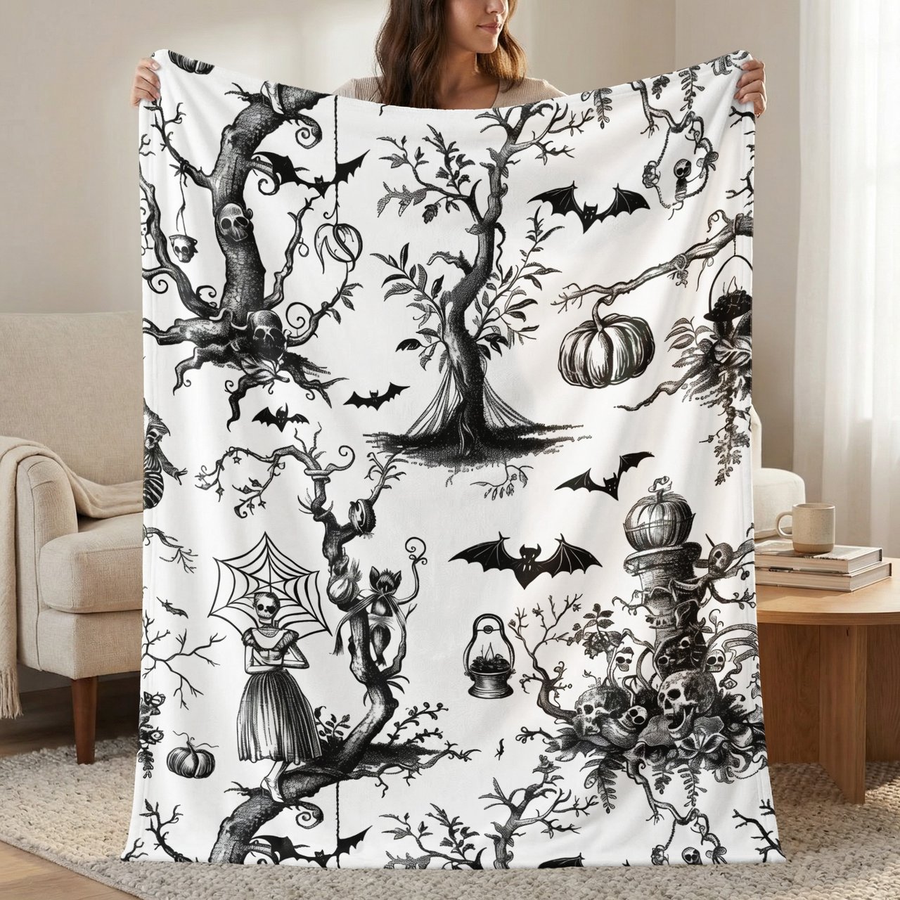 Gothic Toile Woven Blanket, Vintage Halloween Throw Pillow Spooky Skeleton Skull Decor, Dark Academia Cottagecore Tapestry Blanket