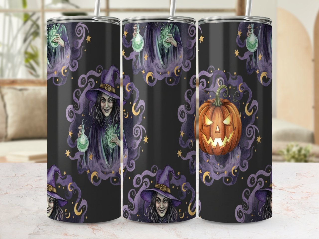 Witchy Halloween Tumbler Wrap Digital PNG for 20oz Skinny Straight | Spooky Witch Potion Jack O'Lantern Seamless Sublimation Design
