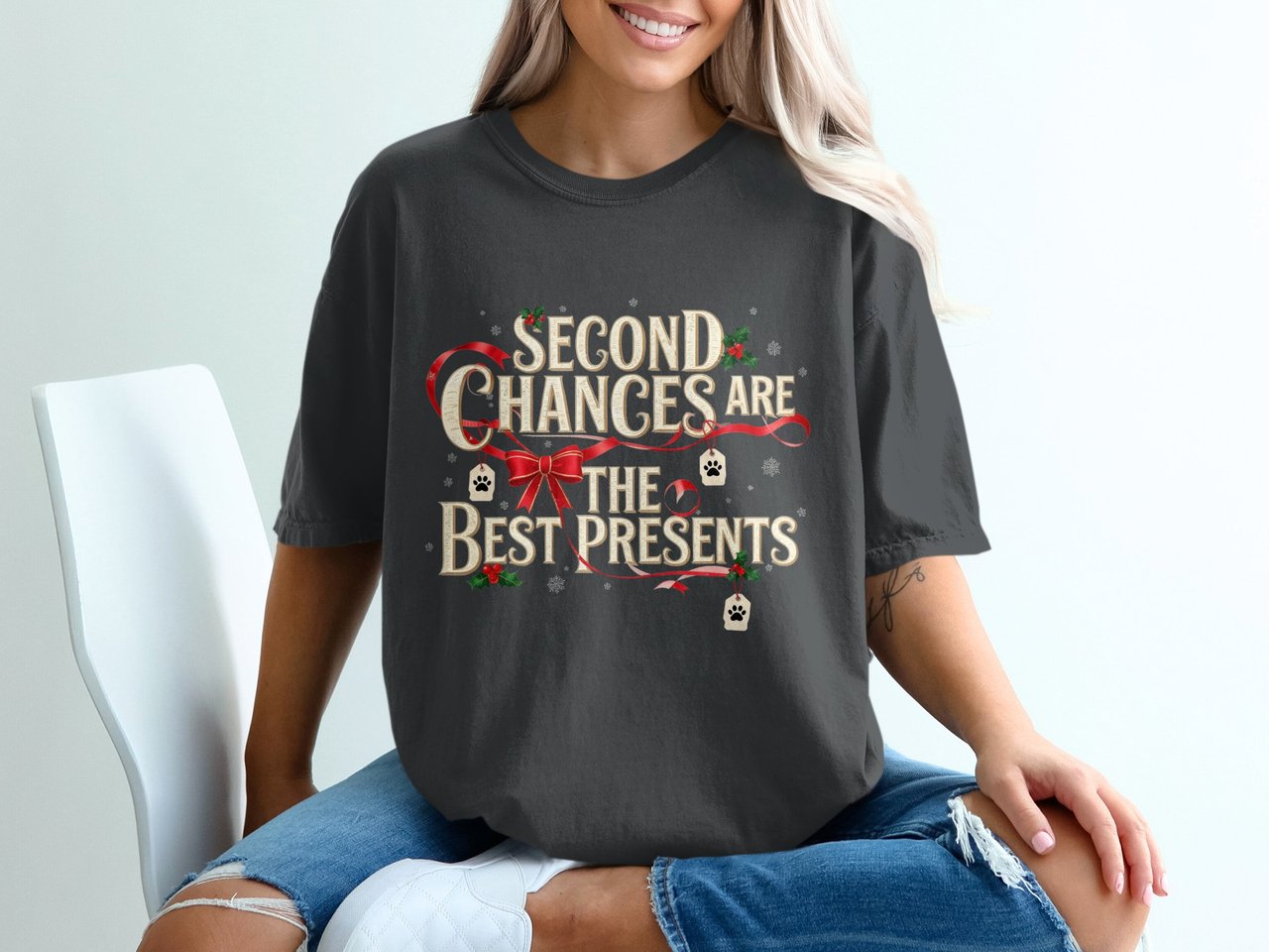 Second Chances Are The Best Presents T-Shirt | Pet Lover Christmas Tee | Paw Print Adoption Gift | Holiday Rescue Animal Apparel