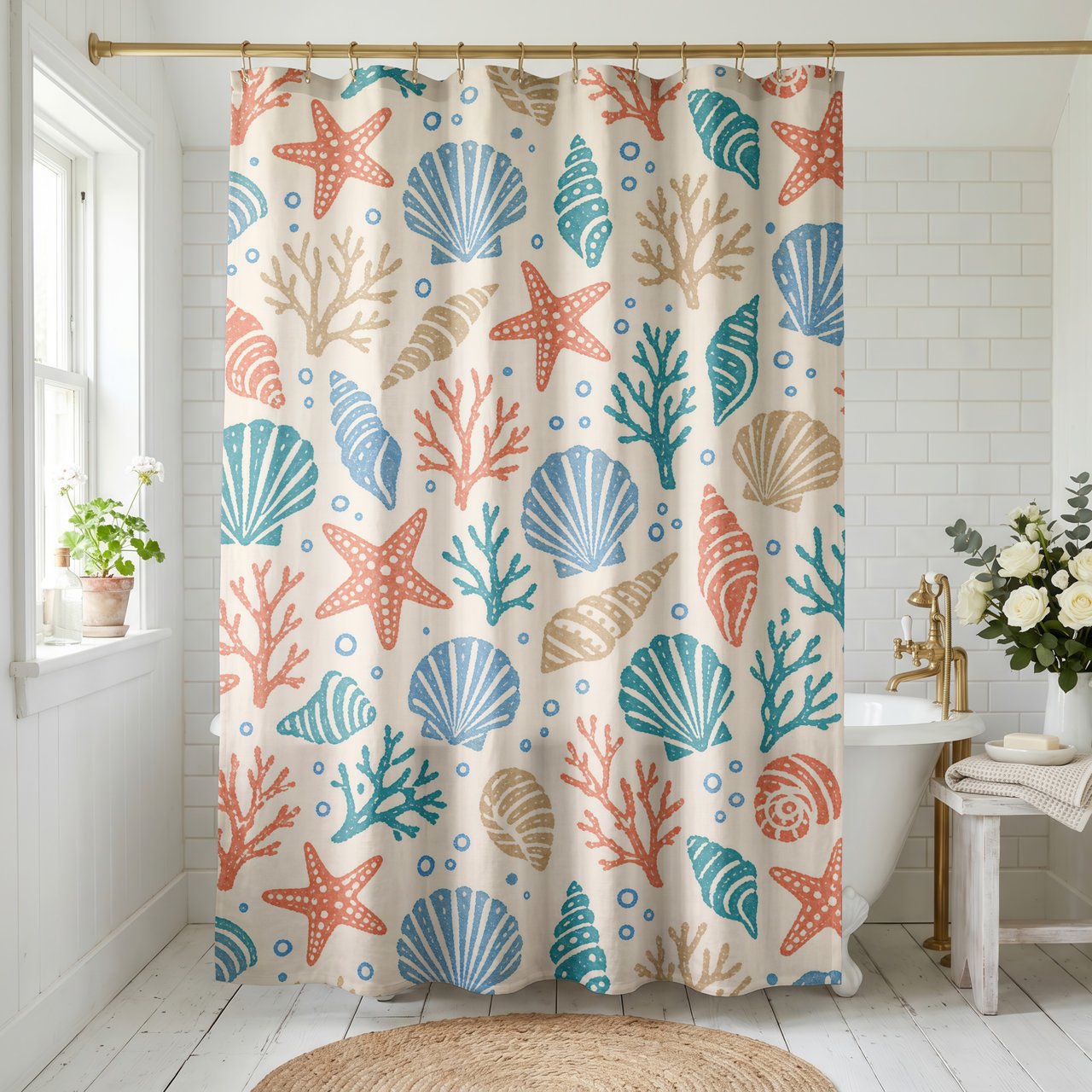 Vintage Coastal Shells & Starfish Shower Curtain