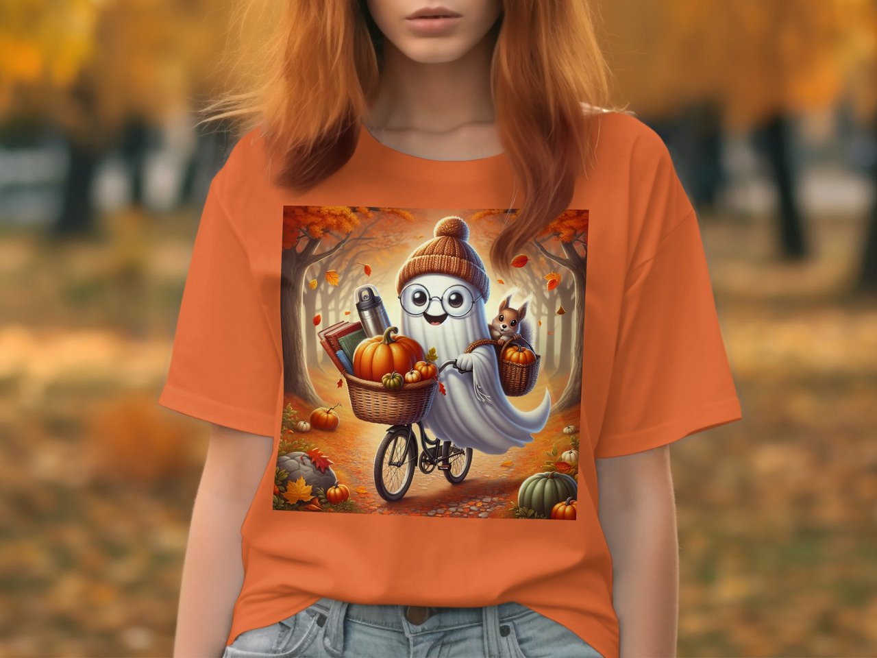 Ghost on Bicycle T-Shirts, Autumn Leaves, Squirrel, Halloween, Cute Spooky Season, Funny Holiday T-Shirts, Fall Season T-Shirts