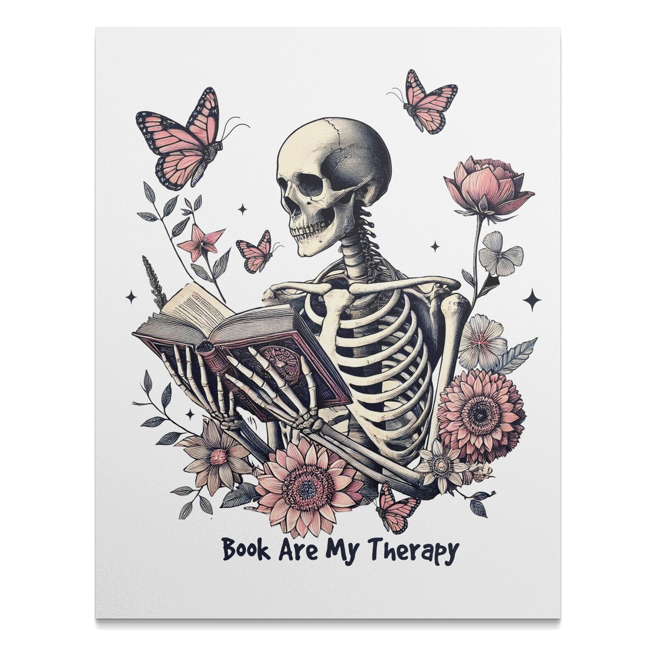 Skeleton Reader Poster, Book Lover Gift, Floral Butterfly Print, Gothic Home Decor, Book Are My Therapy Wall Art, Unique Poster Design