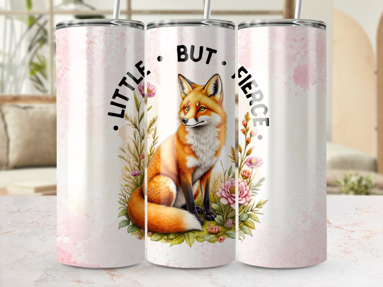20oz Tumbler Wrap, Fox Design, Floral Accents, Little But Fierce Slogan, Pink Background