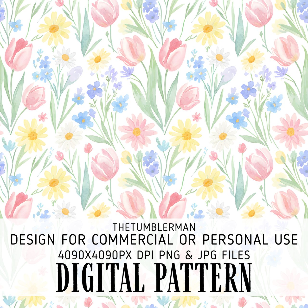 Digital Flower Pattern, Floral Digital Paper, Spring Flowers, Watercolor Flowers, Tulips, Daisies, Forget Me Nots, Digital Bundle Pattern