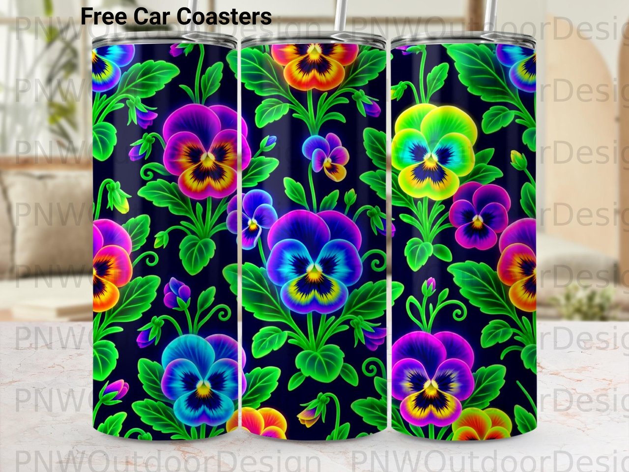 Neon Pansy Tumbler Sublimation PNG, Vibrant Floral 20oz Seamless Design, Glowing Pansies Wrap Digital Download, Car Coaster Files