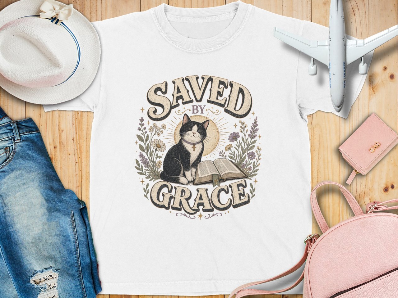 Saved By Grace Cat Youth T-Shirt, Christian Faith Shirt, Whimsical Pet Lover Tee, Inspirational Gift For Her, Vintage Boho Religious Apparel
