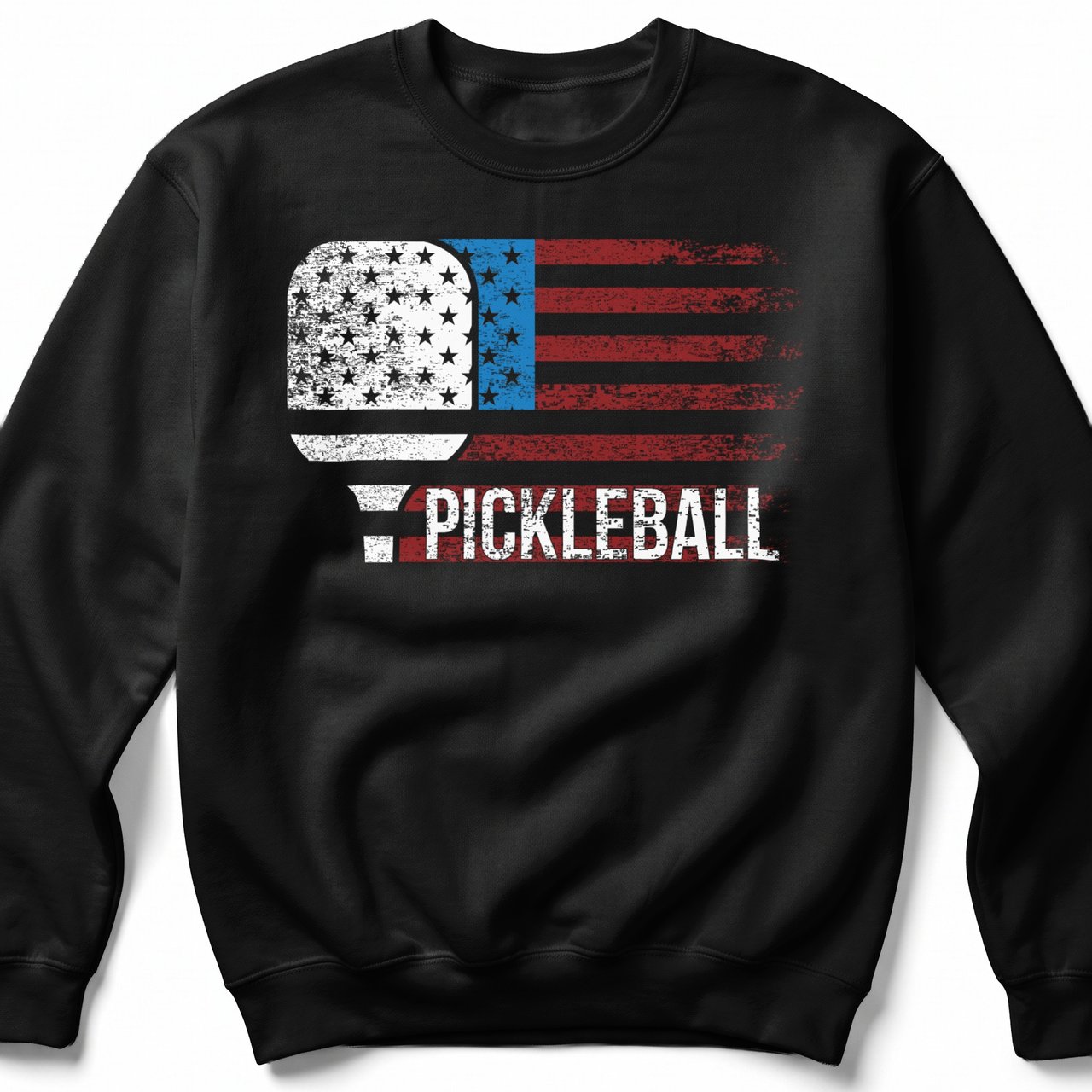 Pickleball Gildan Crewneck Sweatshirt, PICKLEBALL Distressed USA Flag Paddle, Court Warm Up Outerwear