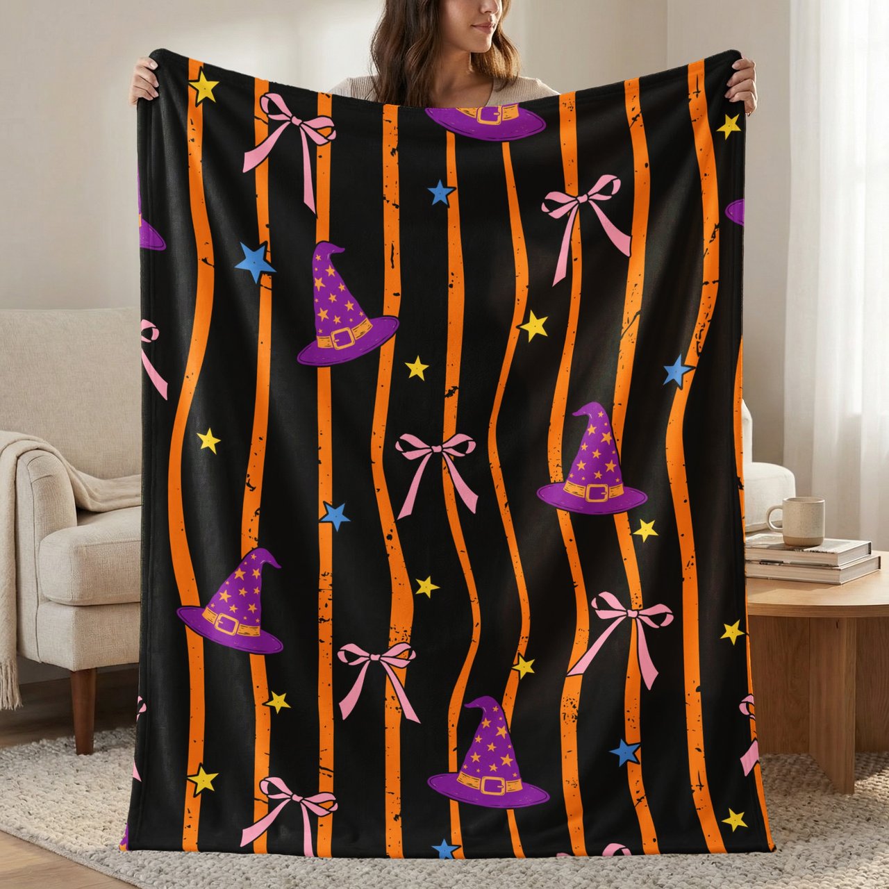 Witch Hat Velveteen Blanket - Spooky Cute Halloween Throw Pillow, Whimsical Orange & Black Stripe Witchy Home Decor Gift