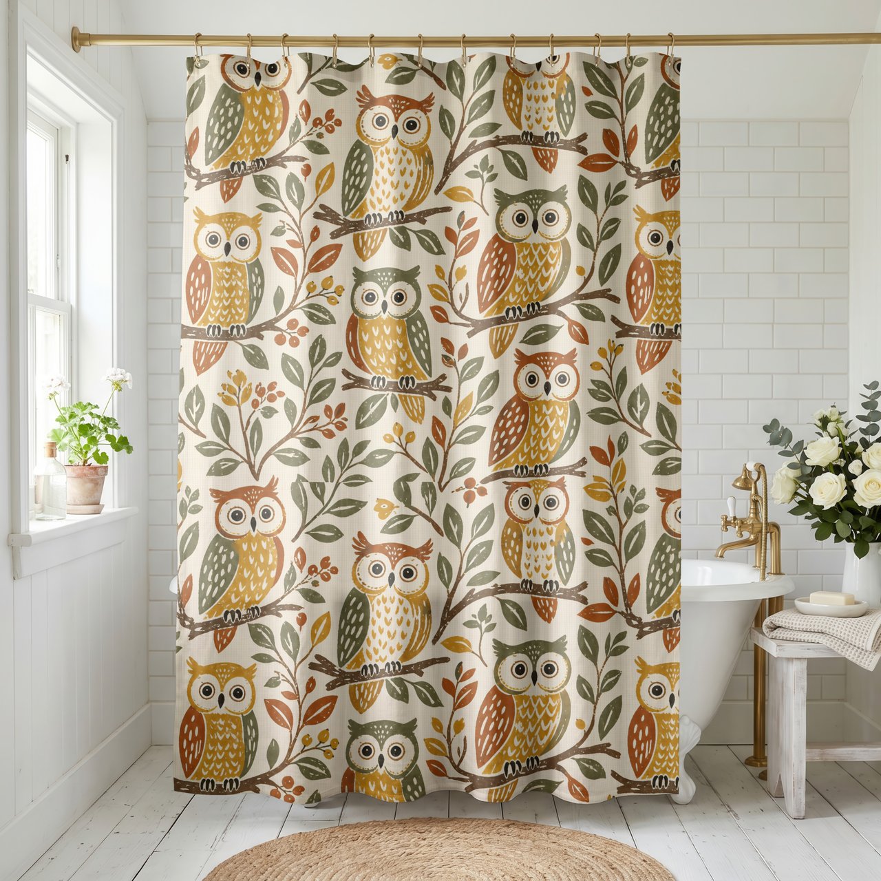 Whimsical Woodland Owl Pattern Shower Curtain