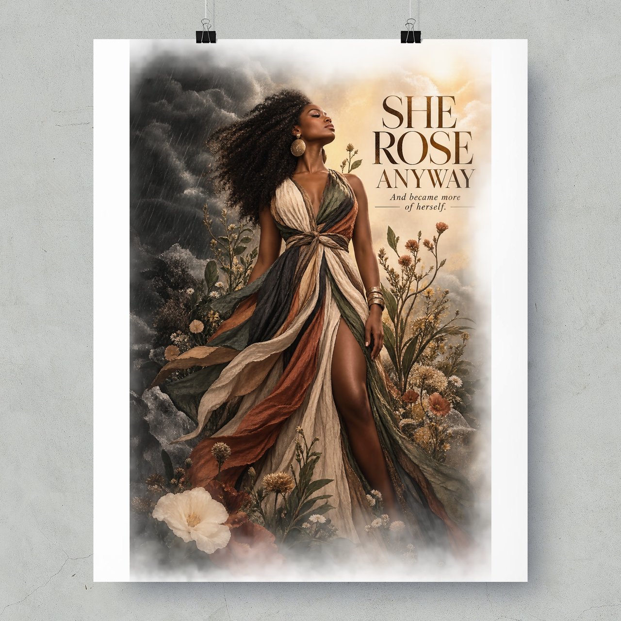 She Rose Anyway Framed Poster, Black Woman Wall Art, Inspirational Quote Poster, Resilient Divine Feminine Floral Print, Gift For Her