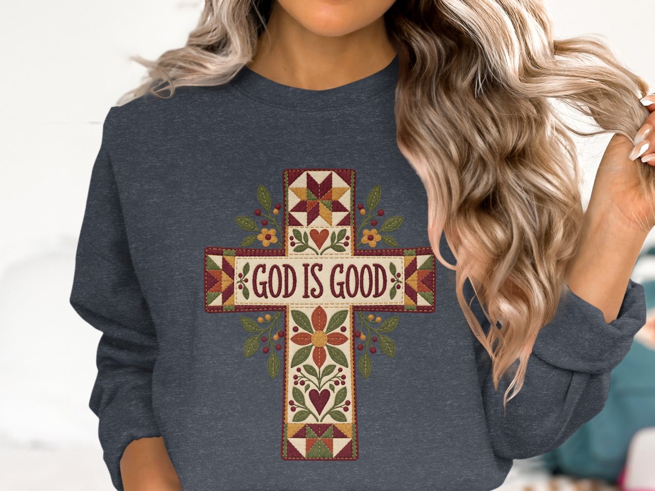 God Is Good Quilted Cross Tee or Sweatshirt, Faux Patchwork Design