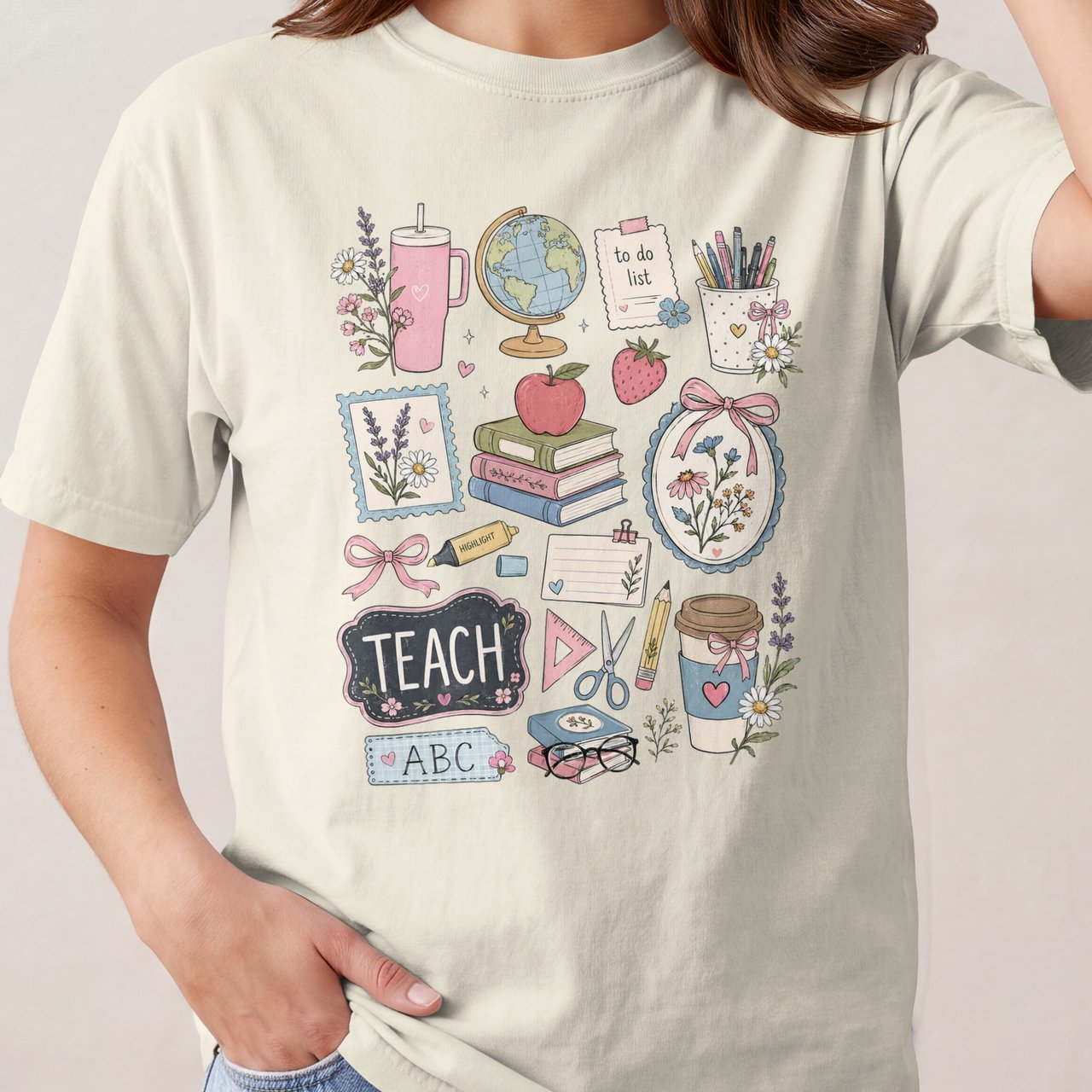 Cute Teacher Shirt, Cottagecore Teacher Sweatshirt, Whimsical Educator Gift Tee, Back To School Apple Books Floral Teach ABC T-Shirt