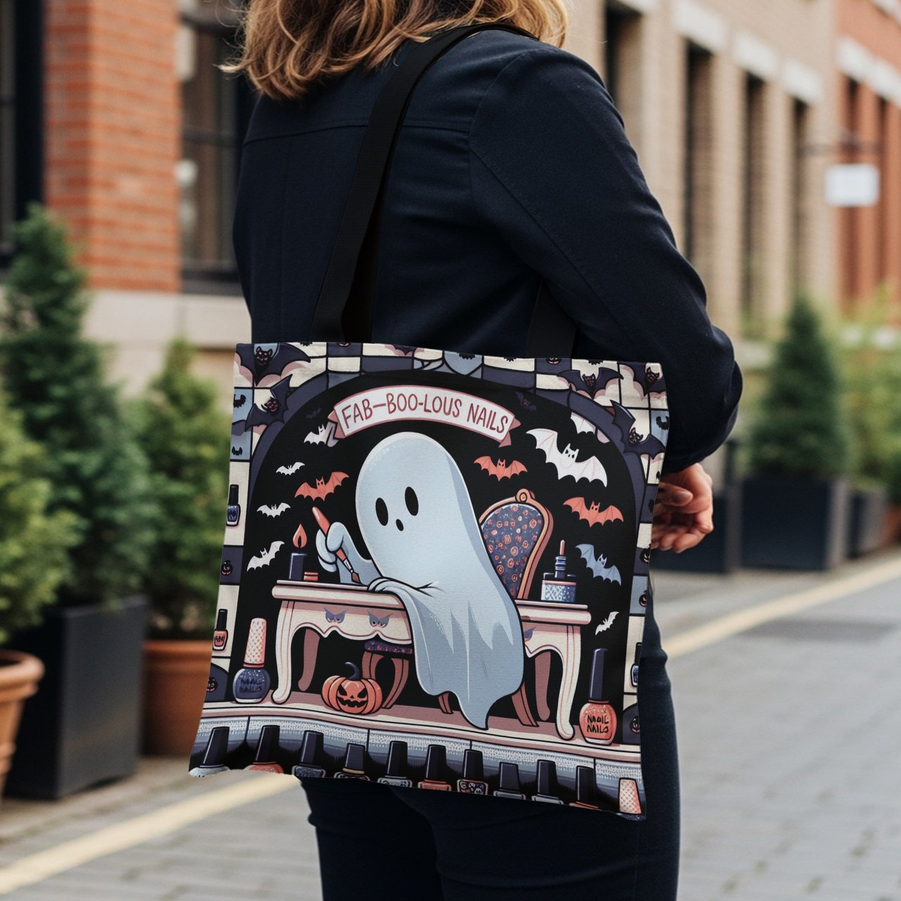 Halloween Tote Bag, Spooky Ghost Manicure Art, Fab-Boo-Lous Nails Design, Bat Graphics, Halloween Decor, Gothic Style, Fashion Tote