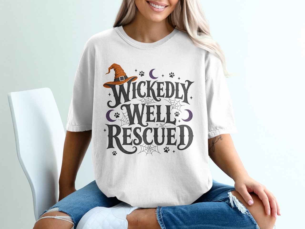 Wickedly Well Rescued T-Shirt, Halloween Witch Hat Pet Rescue Tee, Spooky Dog Mom Gift, Fall Cat Lover Shirt, Funny Adopted Pet Apparel