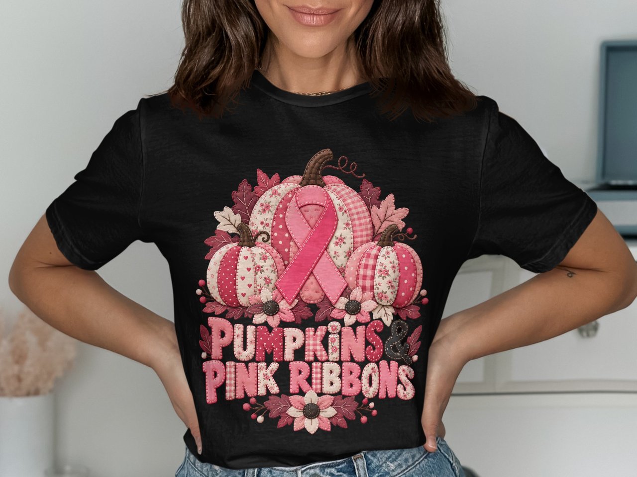 Pumpkins Pink Ribbons Faux Patchwork Tee