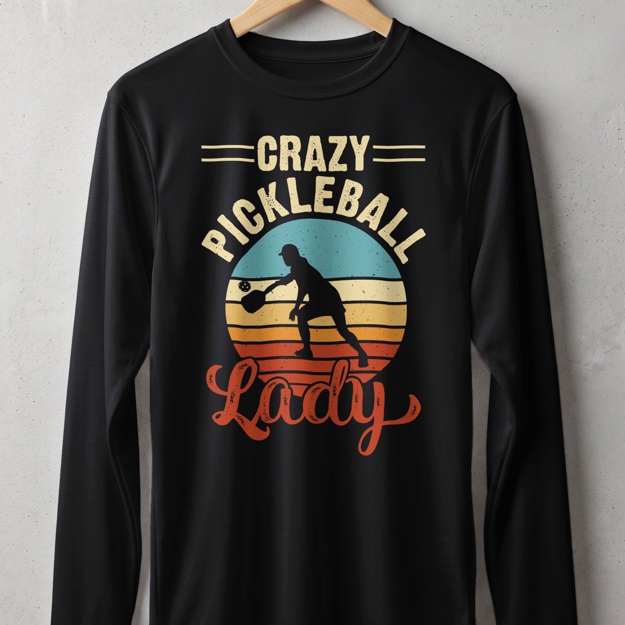 Pickleball Sport-Tek Long Sleeve Tee, Crazy Pickleball Lady, Sun Shield Shirt, Retro Sunset Court Graphic