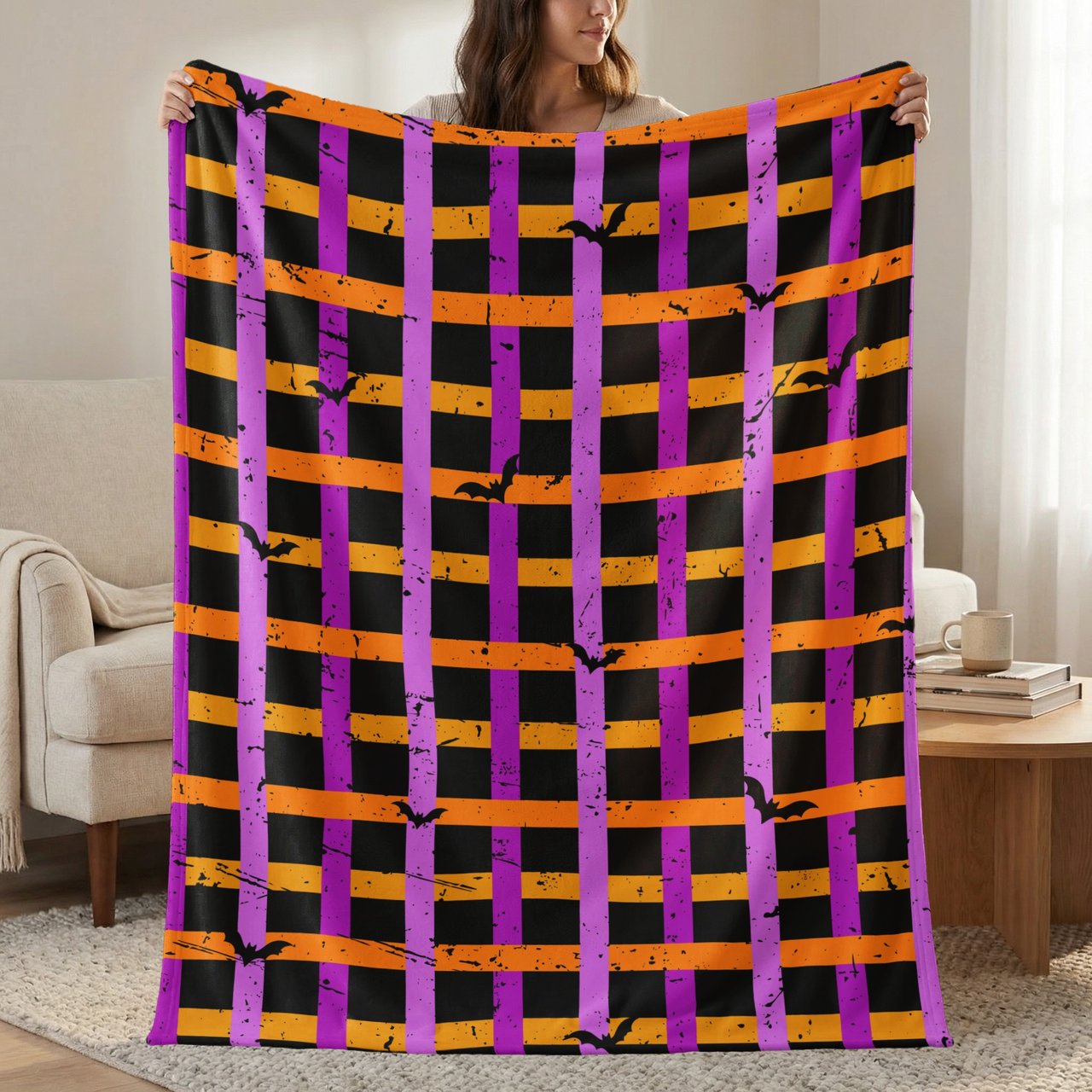 Spooky Bat Plaid Halloween Velveteen Blanket, Purple Orange Grunge Goth Cozy Woven Blanket & Throw Pillows, Fall Decor Gift
