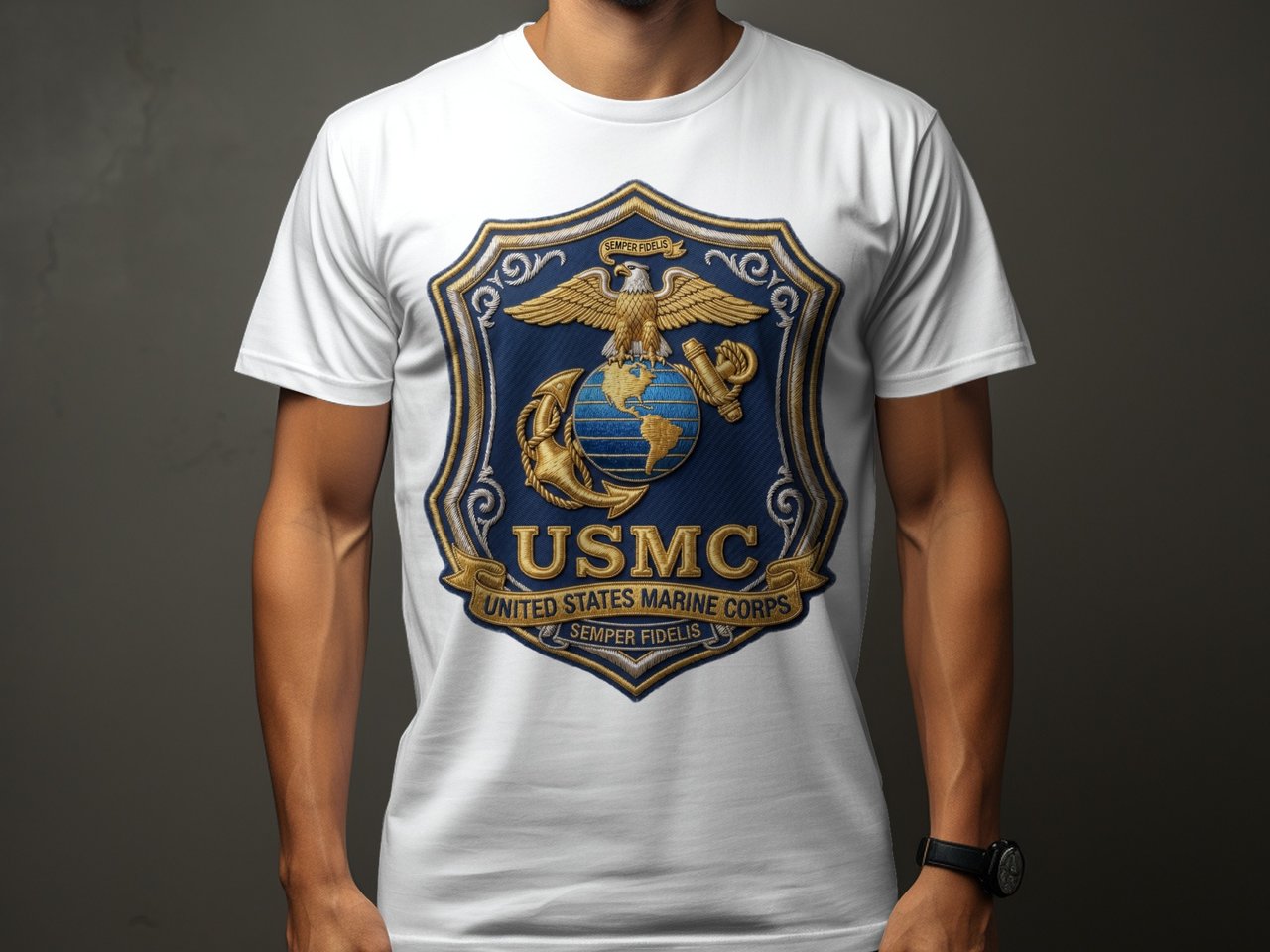 USMC Marine Corps T-Shirt | Semper Fidelis Eagle Globe Anchor Tee | Patriotic Faux Embroidered Emblem Military Veteran Gift