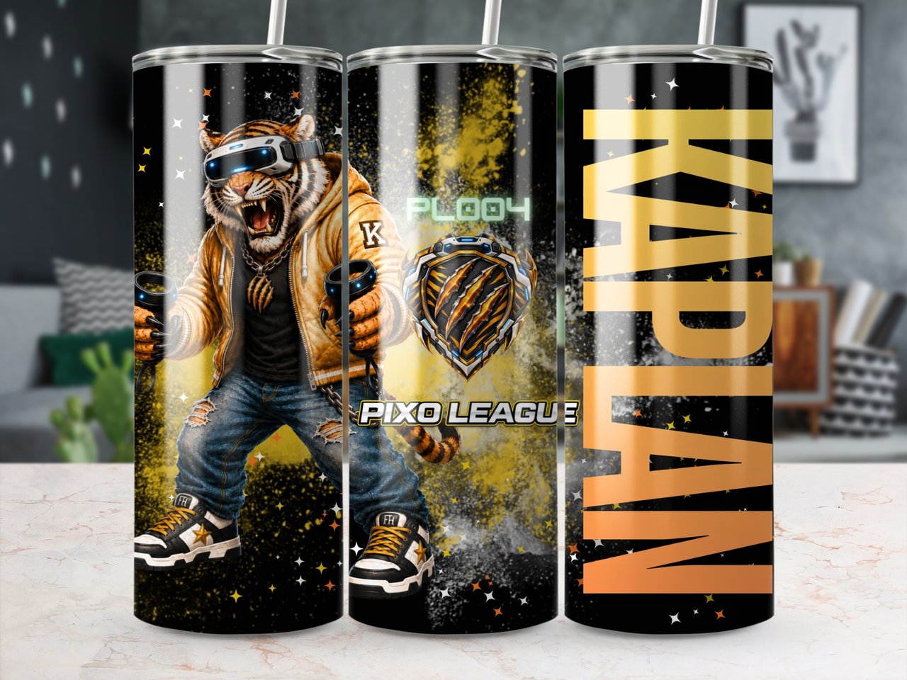 20oz Skinny Tumbler with Straw, Tiger Gamer Tumbler, VR Gaming Cup, Video Game Gift for Boys and Teens