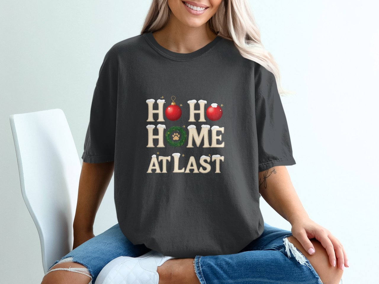 Ho Ho Home At Last Christmas T-Shirt, Pet Lover Holiday Tee, Dog Paw Print Shirt, Festive Family Xmas Top, Cozy Winter Vacation Gift