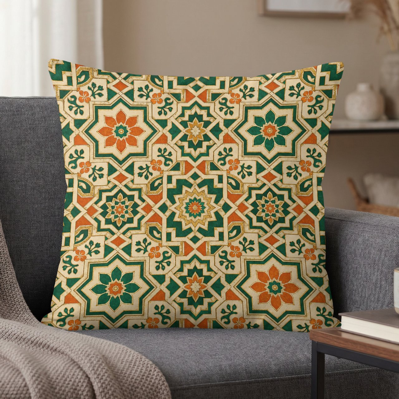 Moroccan Pillow Cover, Geometric Boho Accent Pillow Case, Ornate Faux Gold Print Cushion, Mediterranean Tile Home Decor Gift