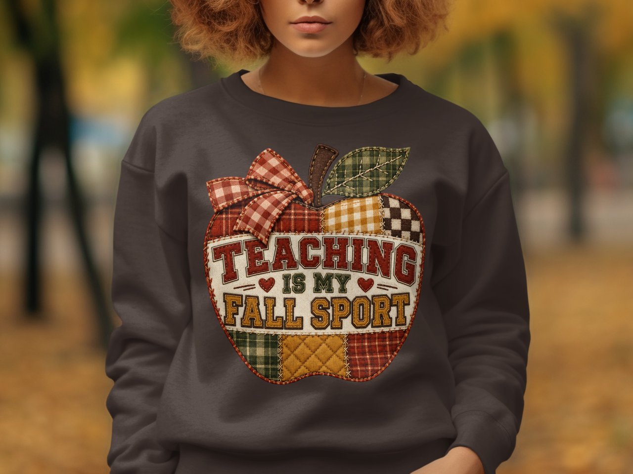 Teaching Is My Fall Sport Sweatshirt, Faux Patchwork Quilted Apple Teacher Hoodie, Autumn School Graphic Tee, Cozy Teacher Tote Bag