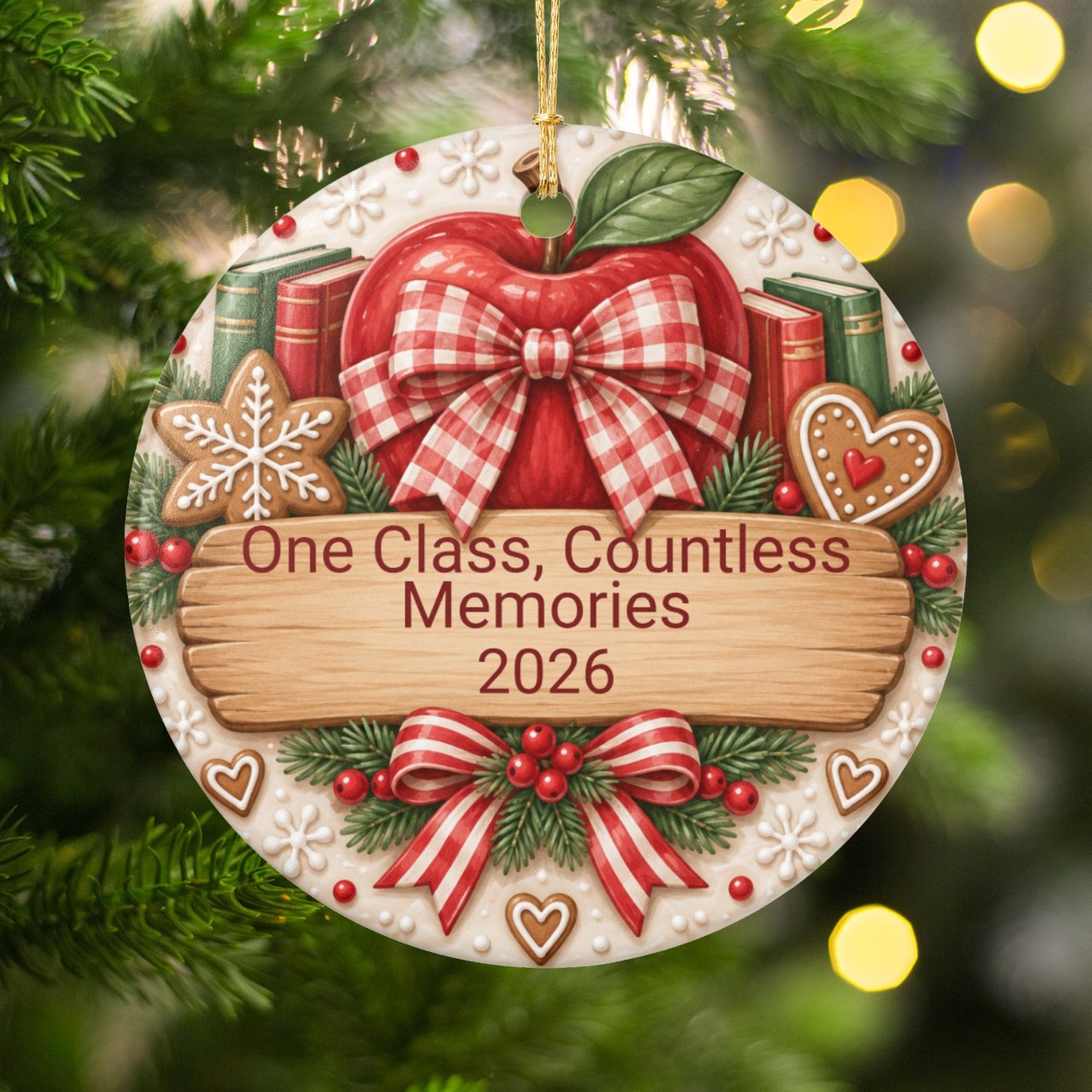 Teacher Christmas Ornament 2026, One Class Countless Memories School Keepsake, Apple Book Gingerbread Tree Decor, Holiday Gift for Educator