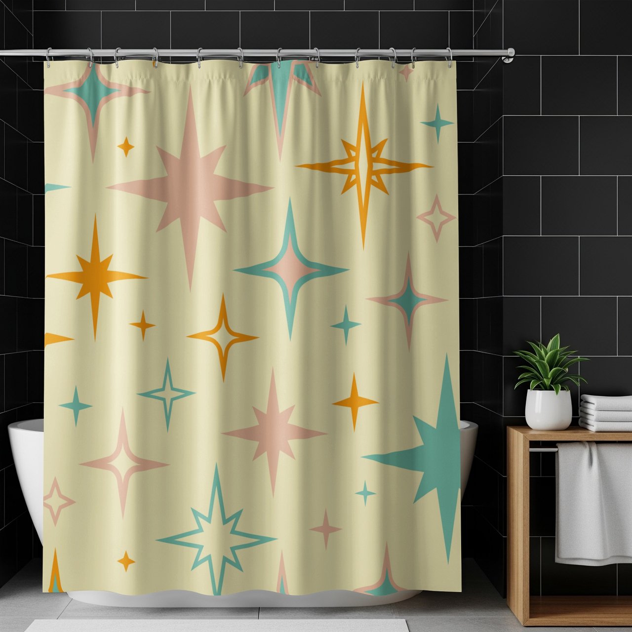 Mid Century Modern Shower Curtain, Bath Mat Retro Atomic Starburst Vintage 1950s Bathroom Decor, Pastel Boho Kitsch Stars Bath Set