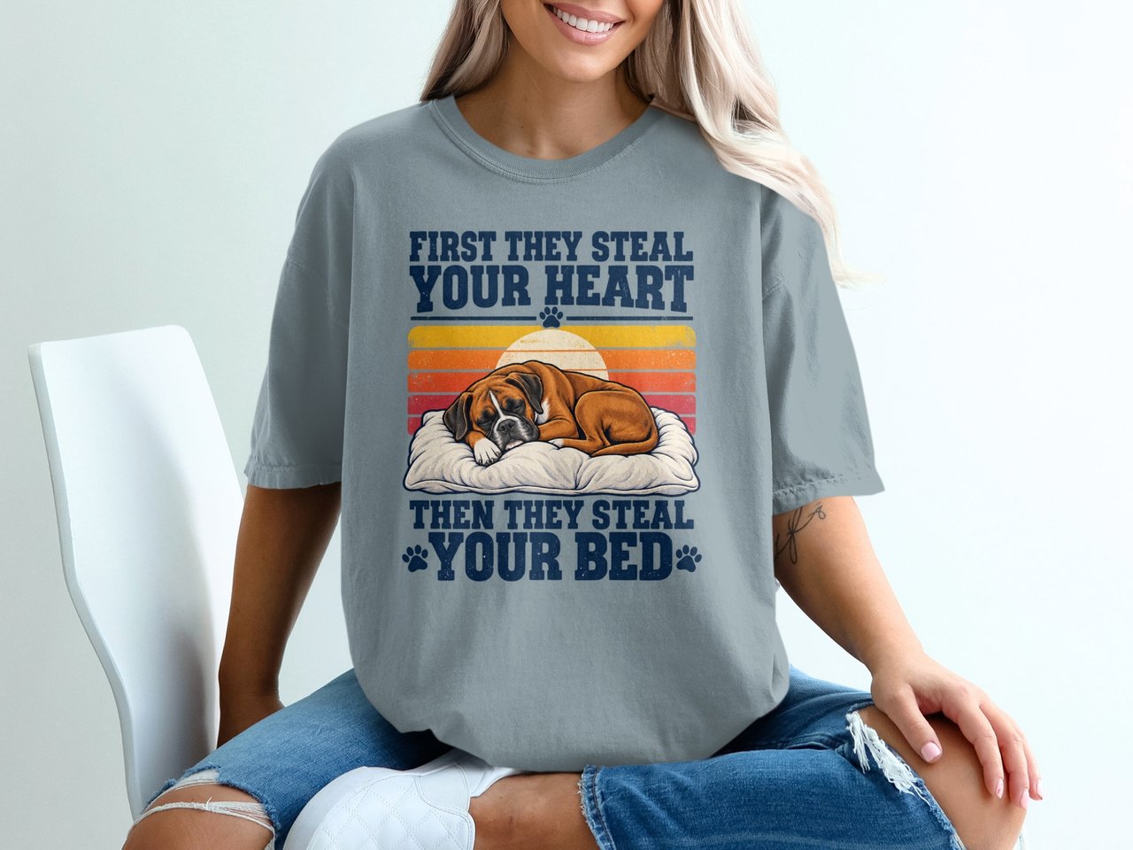 Sleeping Boxer Dog Steal Your Heart Bed Retro Sunset Graphic Pet Standard T Shirts