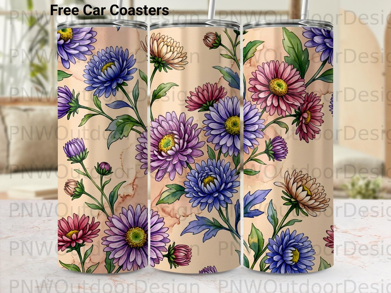 Chrysanthemum Floral Tumbler Sublimation PNG Seamless Wrap 20oz Skinny Digital Design File with Free Car Coasters