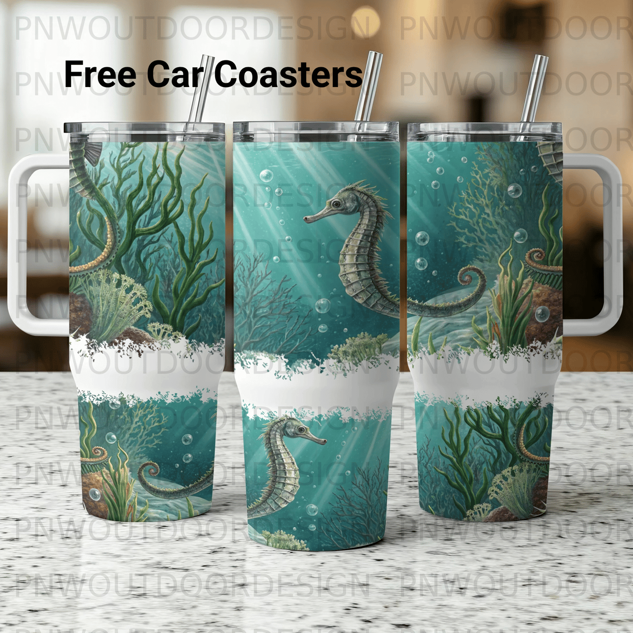 40oz Tumbler Sublimation Wrap Digital Seahorse Ocean Design, Seamless Underwater Marine Life Skinny Tapered Tumbler PNG