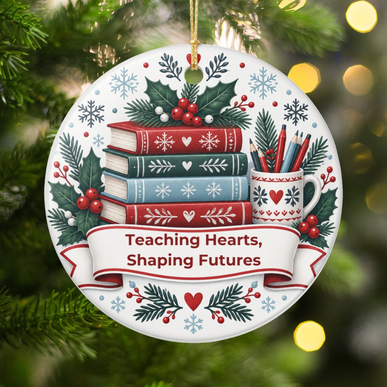 Teacher Christmas Ornament, Teaching Hearts Shaping Futures Holiday Decor, Cute Educator Appreciation Gift, Festive Bookish Tree Ornaments