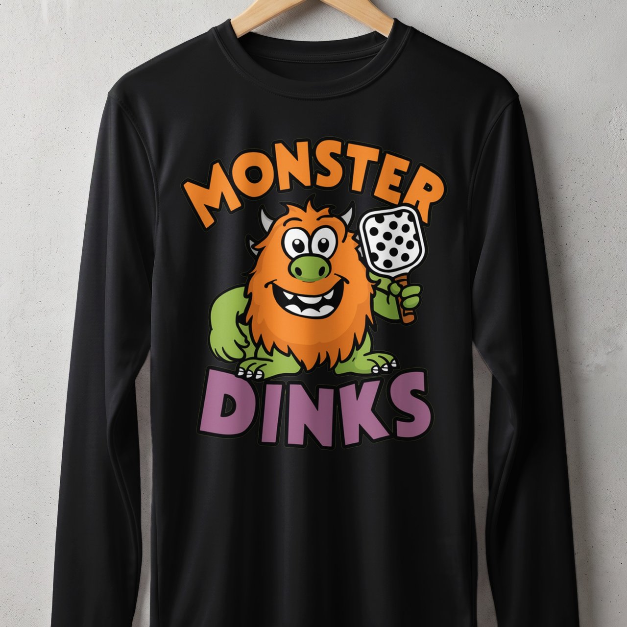 Pickleball Sport-Tek Long Sleeve Tee, Monster Dinks Funny Paddle Art, UV Morning Sun Shield Shirt