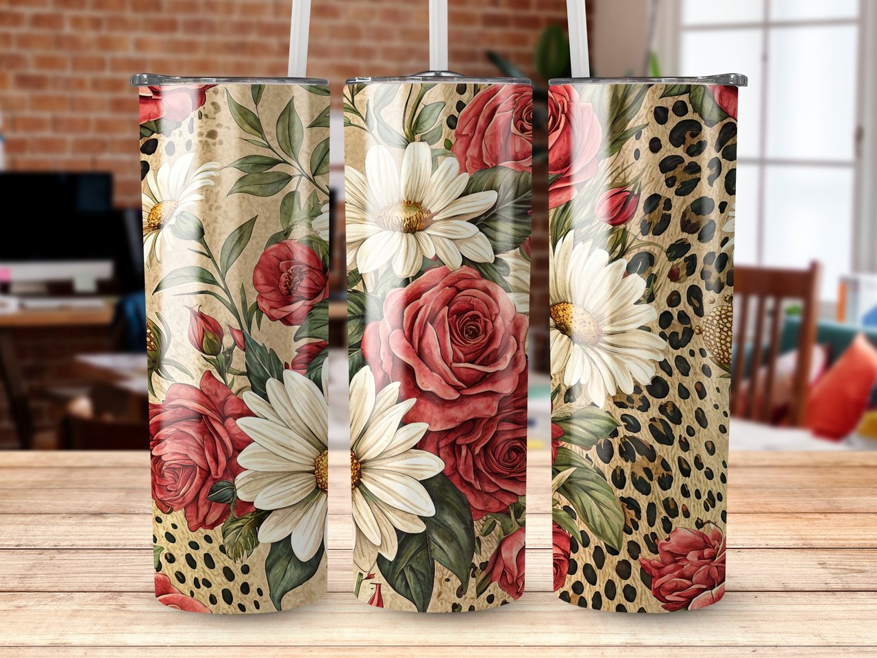 Floral Leopard 20oz Tumbler Wrap, Red Roses Tumbler Design, Cheetah Print, Sublimation PNG, Digital Download, Tumbler Template