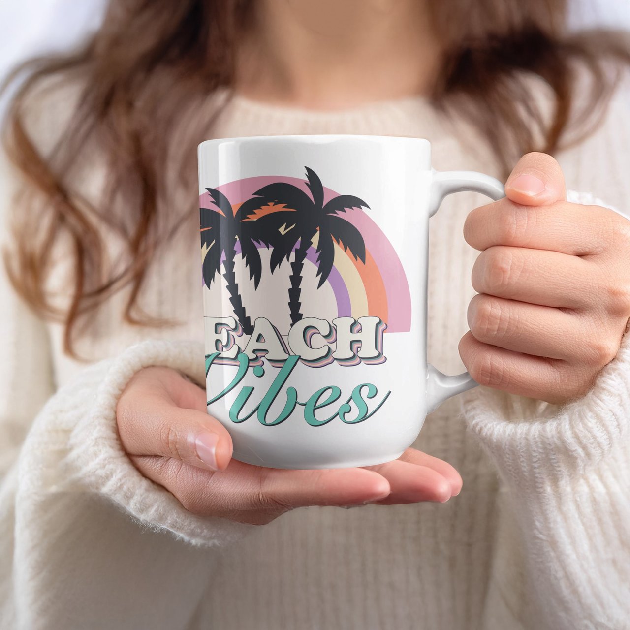 Retro Beach Vibes  Mug, Groovy Summer Palm Tree Rainbow, Aesthetic Coastal Boho  for Vacation Lover