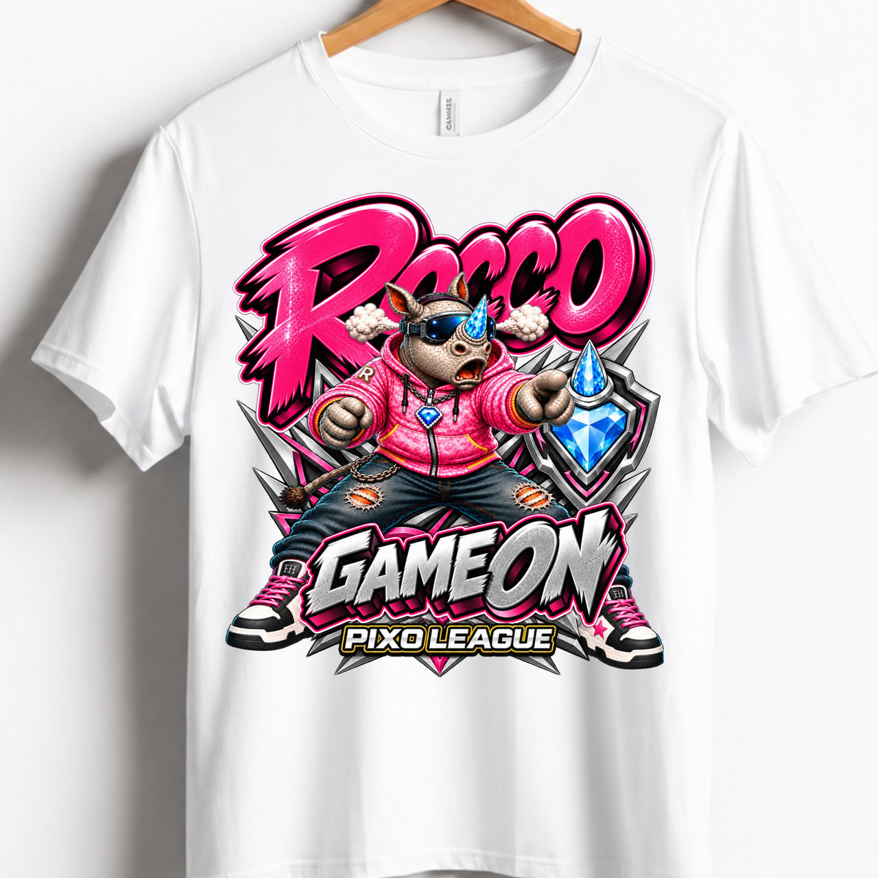Rocco Rhino Game On Youth Gaming T-Shirt, Boys Girls Gamer Tee, Pink Streetwear Graphic Shirt, Pixo League