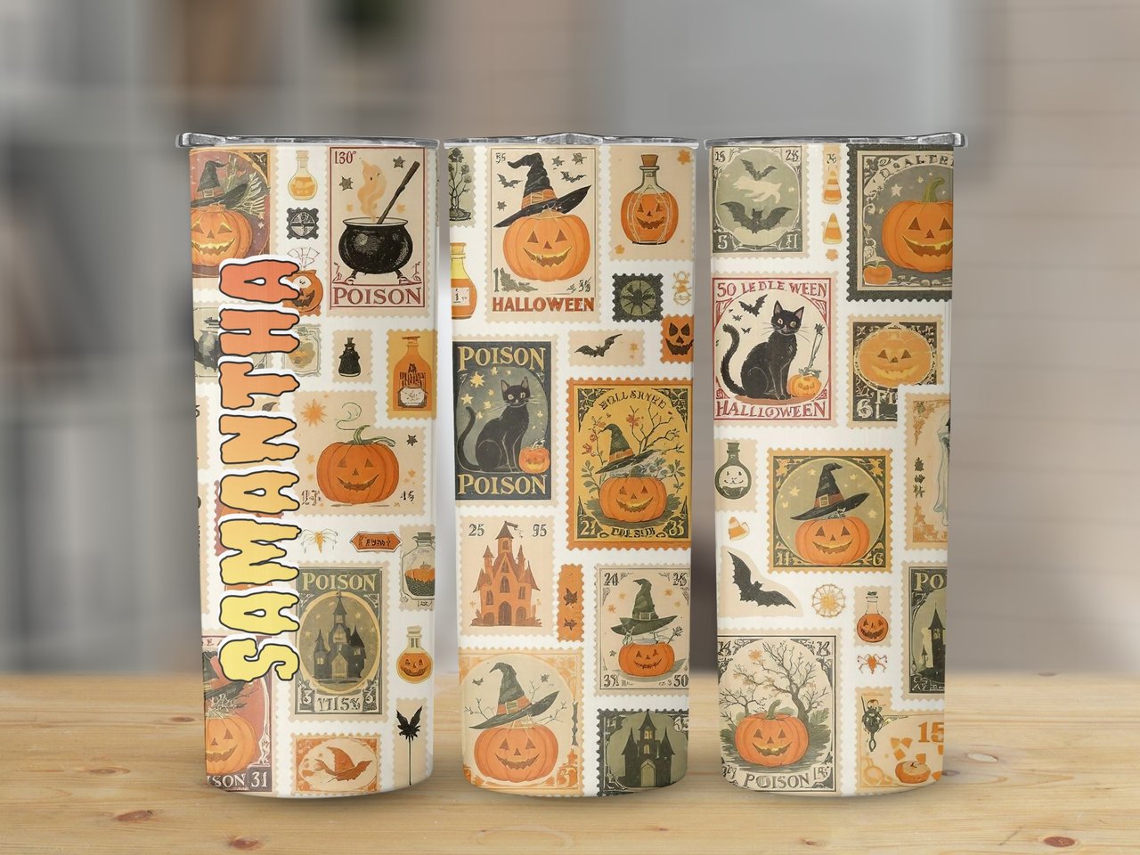 Personalized Halloween Tumbler, Halloween Stamps, Halloween Design, Pumpkins, Black Cat, Personalized Gift, Custom Name