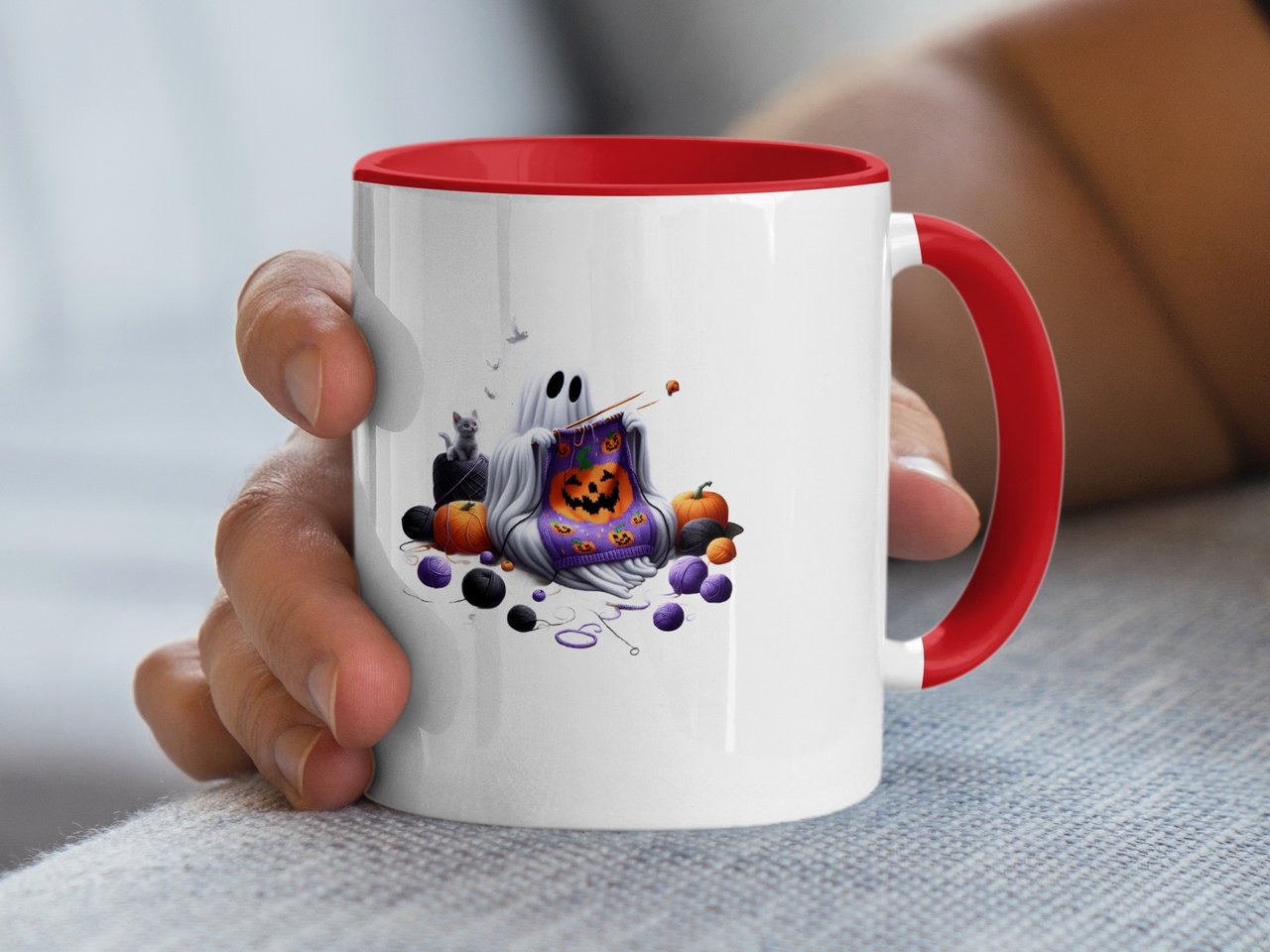 Halloween Mug, Ghost Knitting, Pumpkin, Cat, Spooky Mug, Fall Decor, Halloween Gift, Knitted, Cute Halloween, Autumn Vibes, Fun Halloween