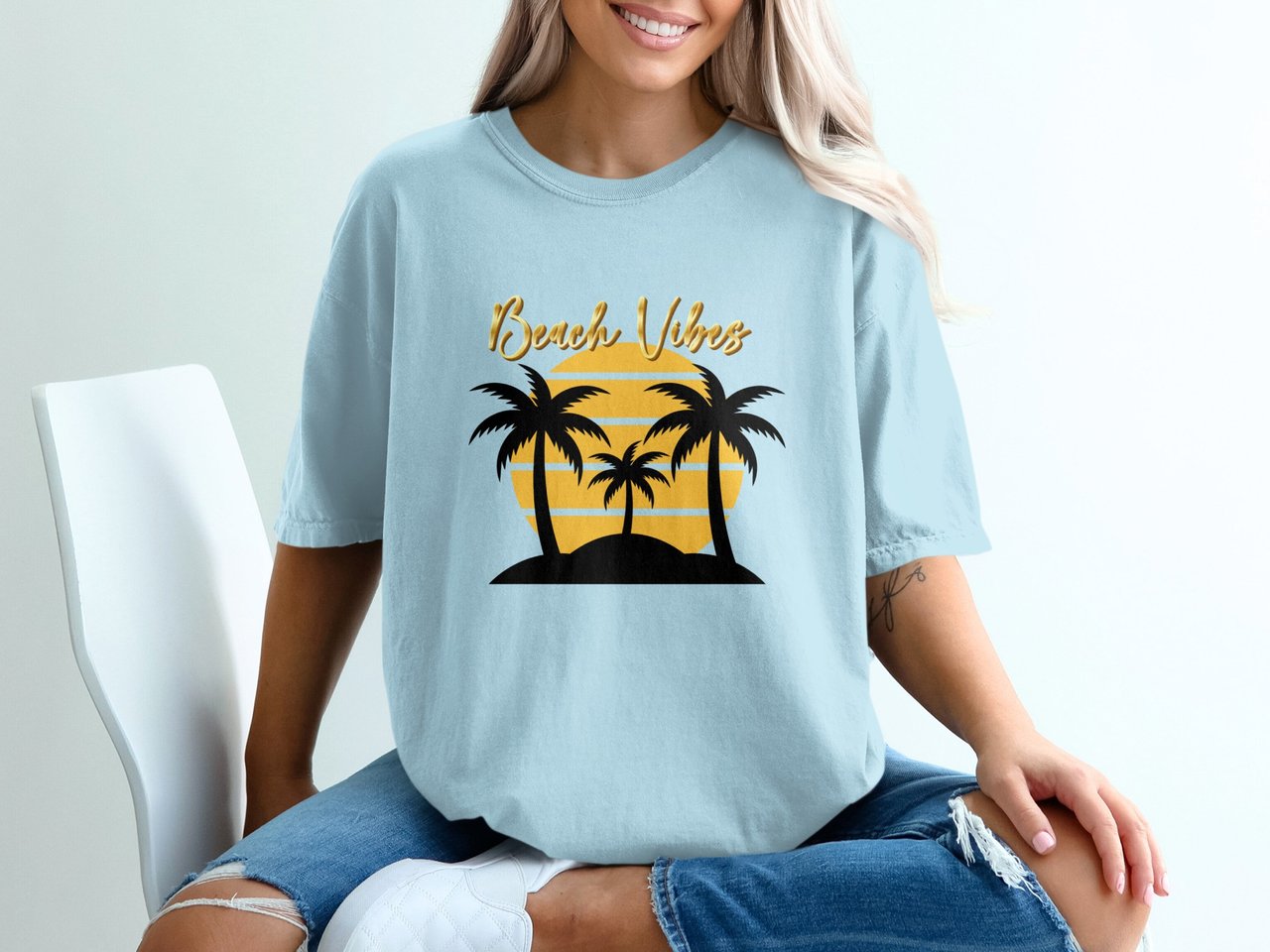 Comfort Colors Beach Vibes T-Shirt, Tropical Vacation Palm Tree Sunset Tee with Faux Gold Print Text, Coastal Summer Beach Lover Gift Shirt