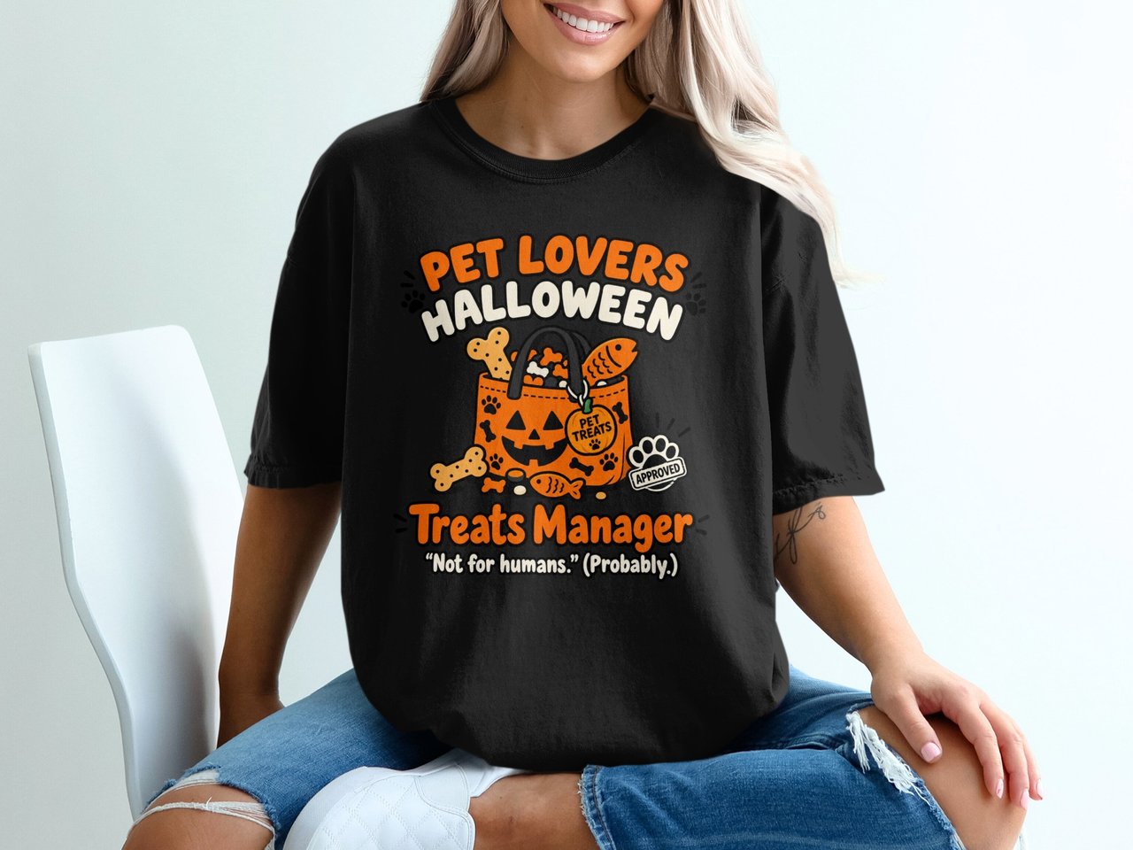 Pet Lovers Halloween Treats Manager Standard T-Shirts With Dog Bone And Fish Snack Graphics
