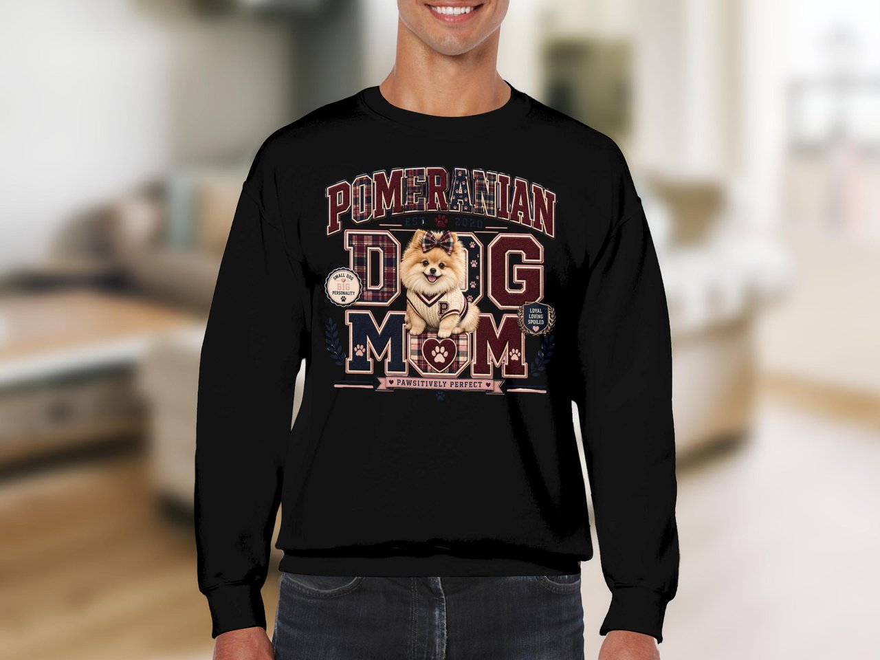 Pomeranian Dog Mom Sweatshirt, Preppy Dog Lover Crewneck, Cute Plaid Varsity Pet Mom Sweater, Fluffy Puppy Gift for Her Dog Mama Pullover
